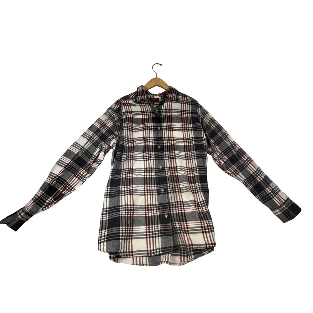 Company One Women 2X Plaid Button Down Shirt Gold Metallic Lurex White Black Red